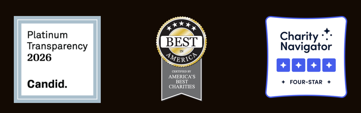 Seals for Candid's Platinum Transparency 2026, America's Best Charities, and Charity Navigator 4-Star