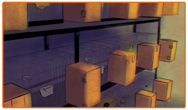Boxes and cages in a dark mill.