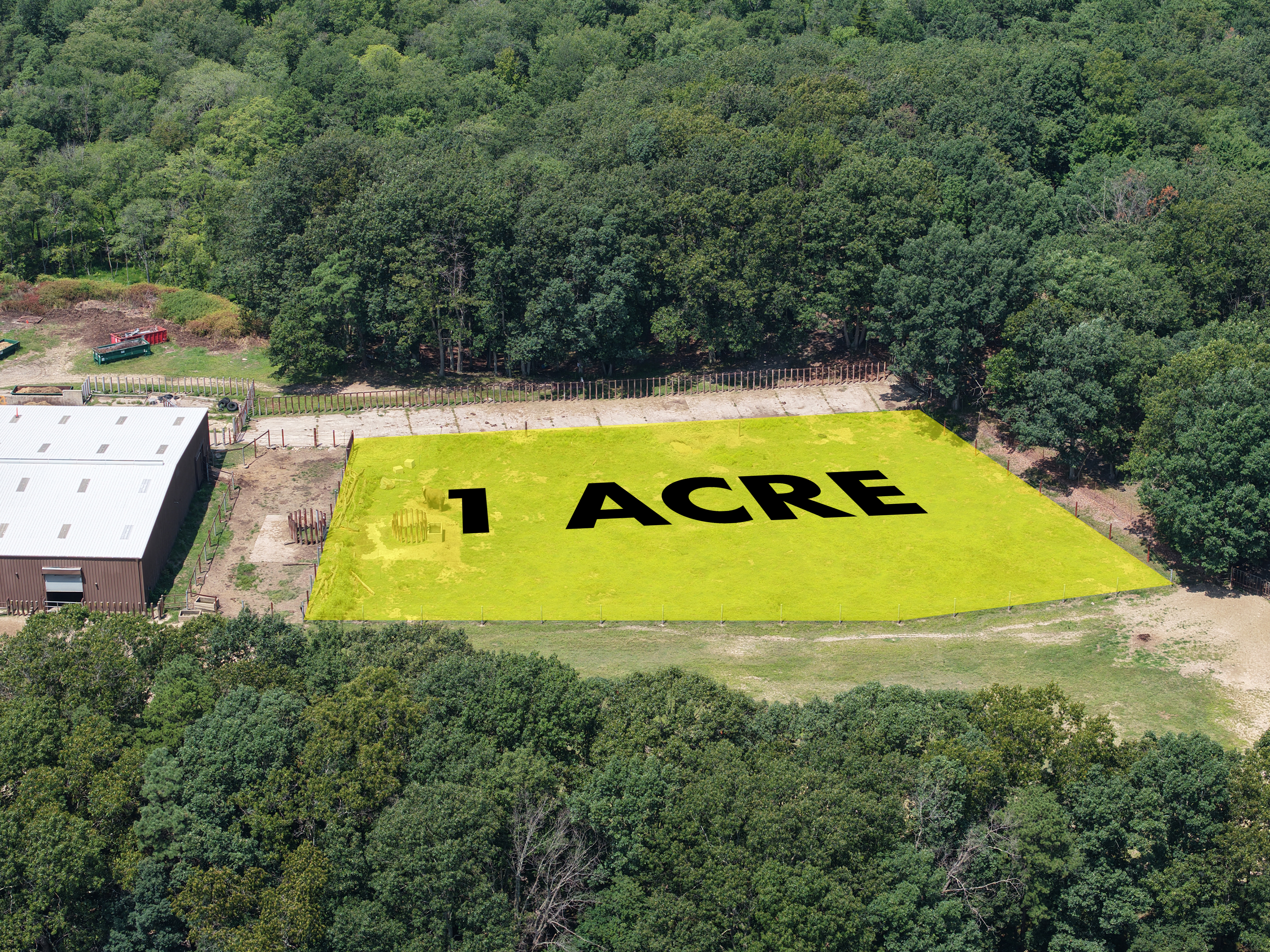 A one-acre graphic is overlaid across an aerial photo of Joyce in her enclosure.